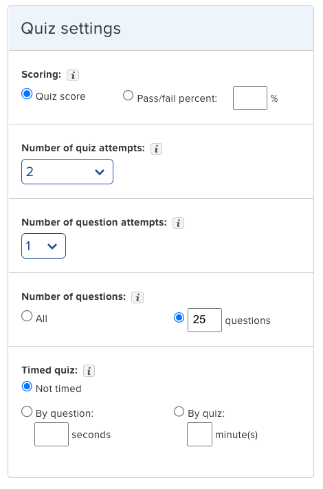 The different options for the pre-built quiz activities are displayed.