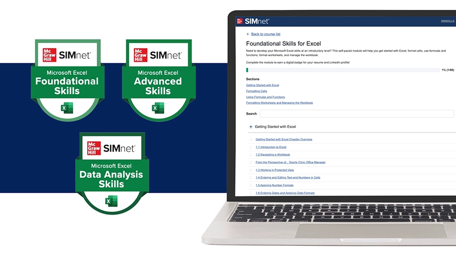SIMnet Skills badge logs for Microsoft Excel next to a laptop displaying the SIMnet Foundational Skills for Excel interface.