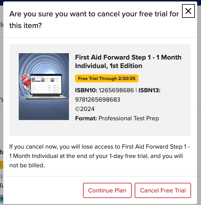 Screenshot of Cancel Free Trial confirmation modal.