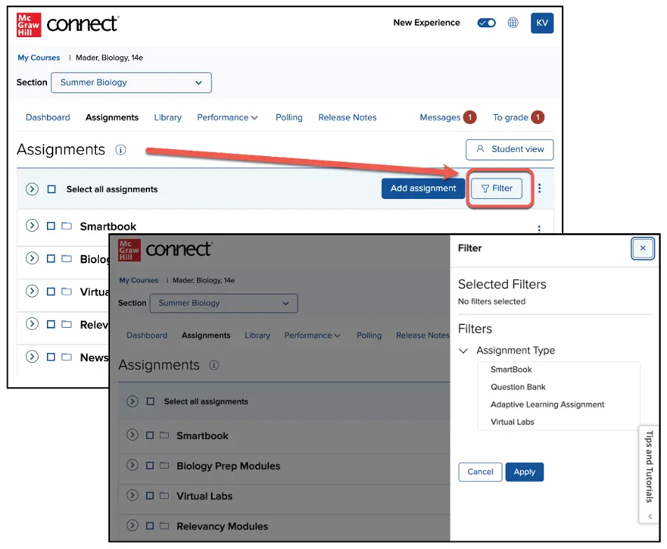 Connect screenshot showing Assignment Page Filter