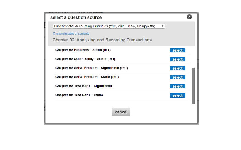 Screenshot showing McGraw Hill Connect's bank of test questions by chapter. 