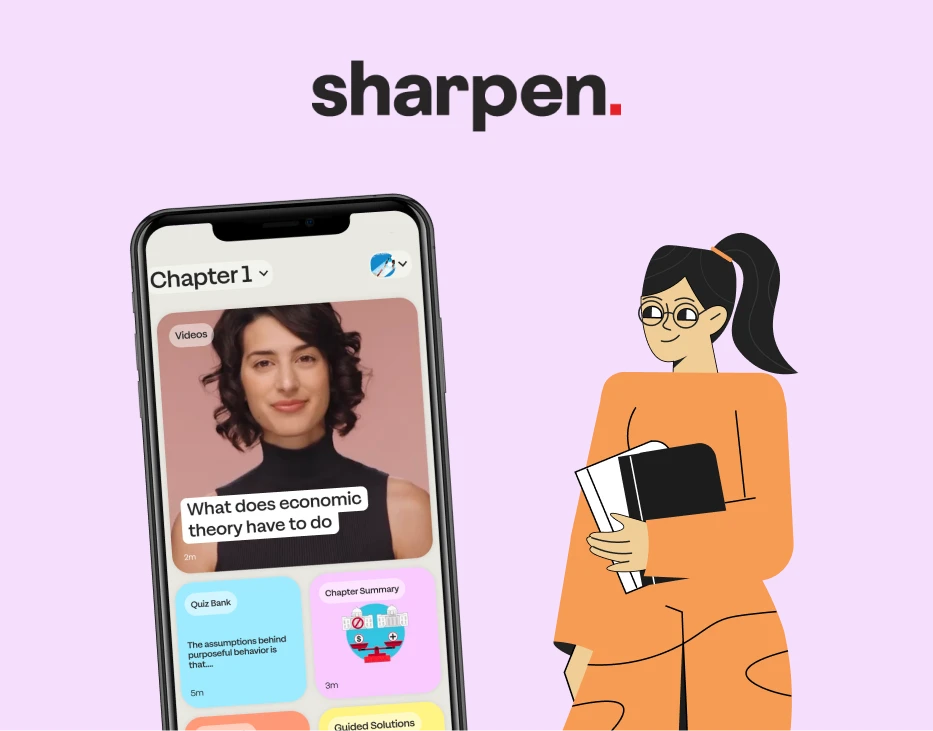 Sharpen logo app in mobile phone and graphic image of a student woman.