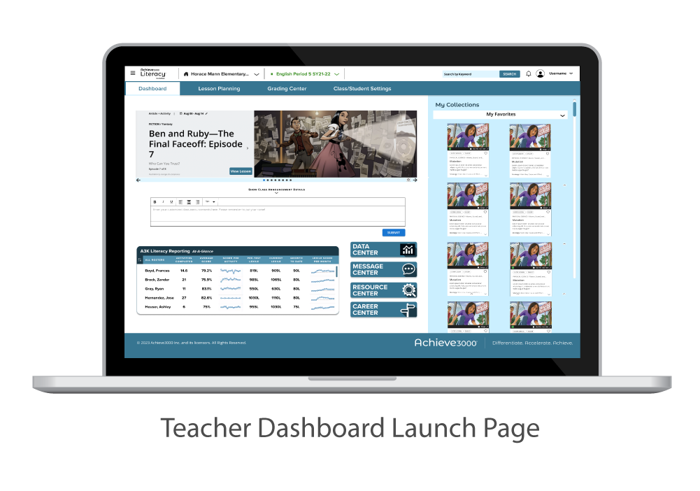 Product screenshot of the Teacher Dashboard Launch Page. 