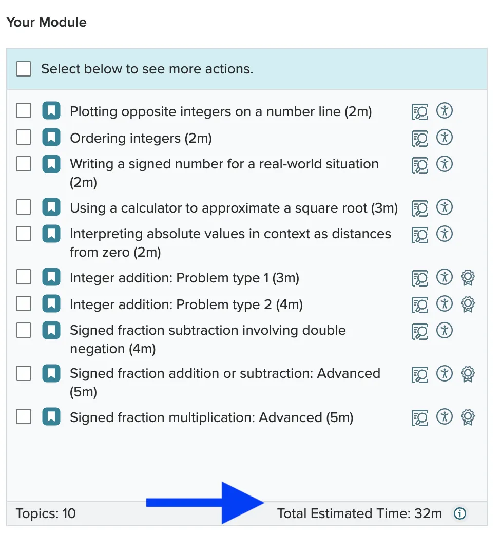 screenshot showing completion time estimates for selected module