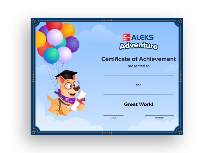 A customizable Certificate of Achievement featuring the ALEKS Adventure cartoon dog mascot, Digit