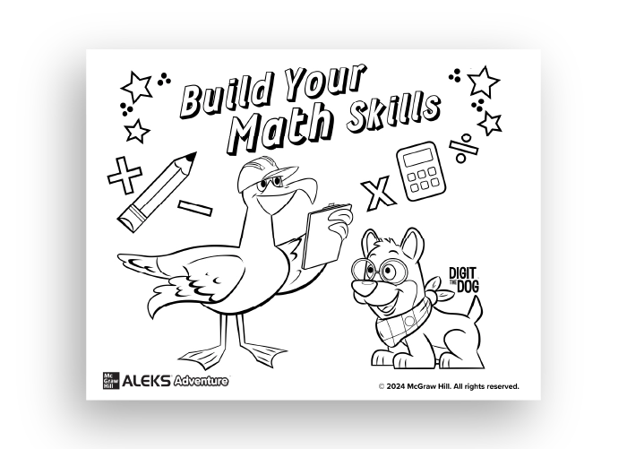 A coloring sheet featuring a bird in a construction hat and Digit the Dog reading “Build Your Math Skills”