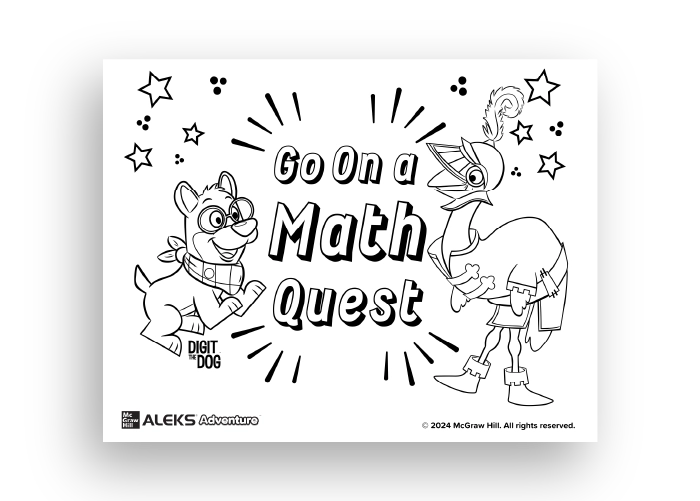 A coloring sheet featuring a bird in a suit of armor and Digit the Dog reading “Go on a Math Quest”