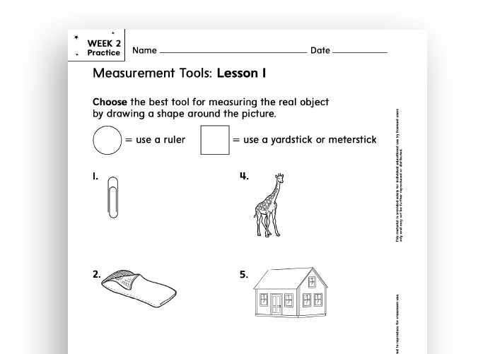 A Number Worlds practice worksheet on measurement tools