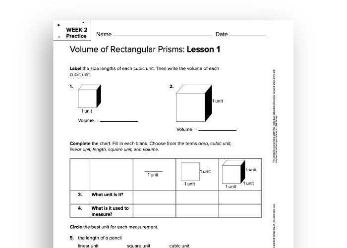 A Number Worlds practice worksheet on the volume of rectangular prisms