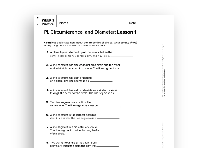 A Number Worlds practice worksheet on pi, circumference, and diameter