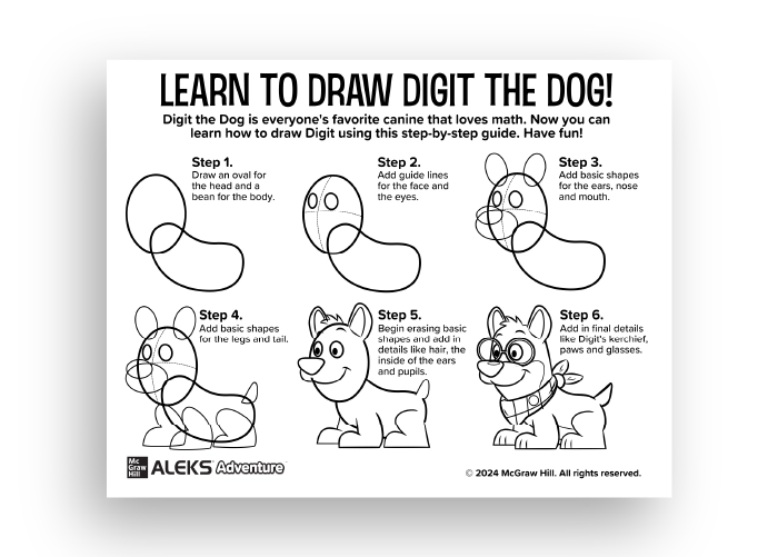 A sheet with instructions on how to draw Digit the Dog