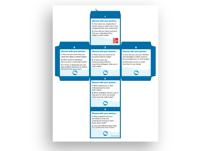 A template to cut out and fold a die with discussion prompts on every side