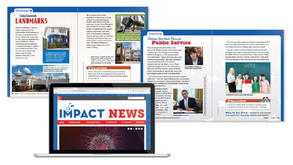 A laptop screen shows the IMPACT News digital platform. Above, two spreads from the textbook  show citizenship articles on saving public landmarks and giving back through public service. 