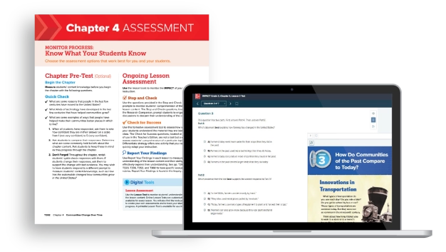 A list of assessment options for Chapter 4 next to a laptop displaying test questions.