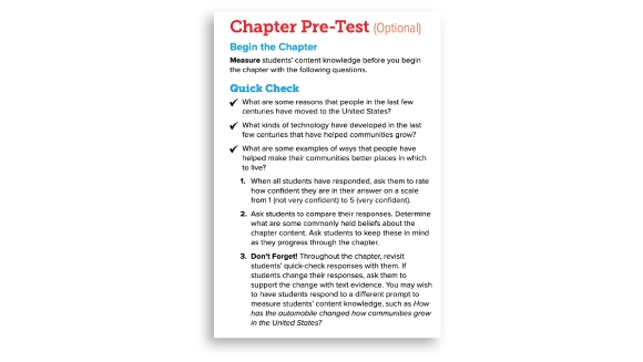 A list of Quick Check questions to ask students before beginning a chapter.