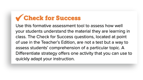 An explanation of the Check for Success from the Teacher’s Edition.