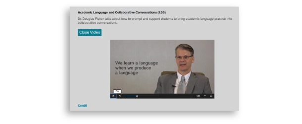 A screenshot of a professional development video on how to prompt and support students  to bring academic language practice into collaborative conversations.