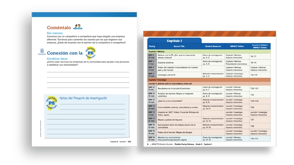 A page from the flexible pacing guide next to a Spanish reflection page. 