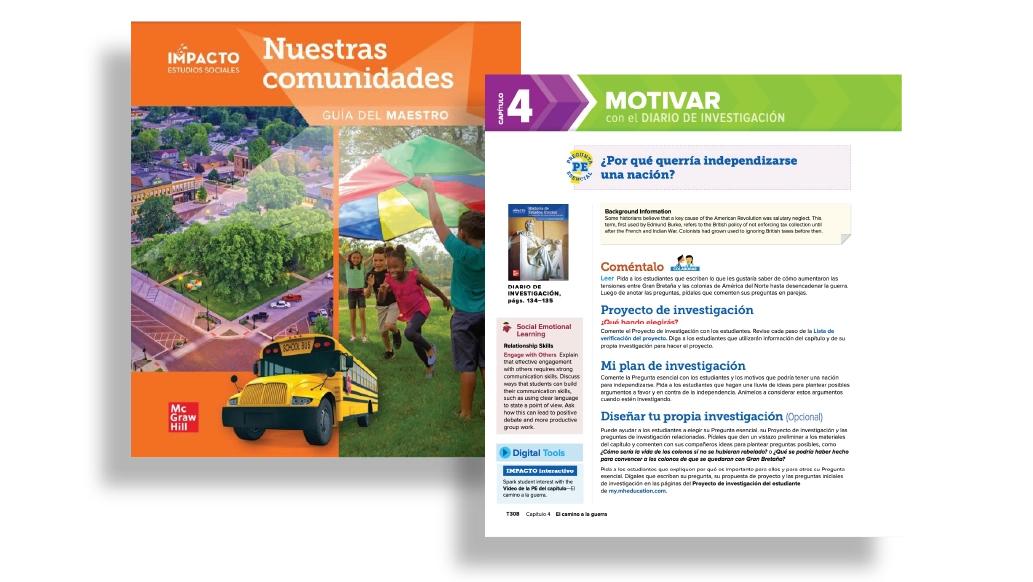 The cover of the Spanish Teacher’s Edition and a page from the Spanish Inquiry Journal. 