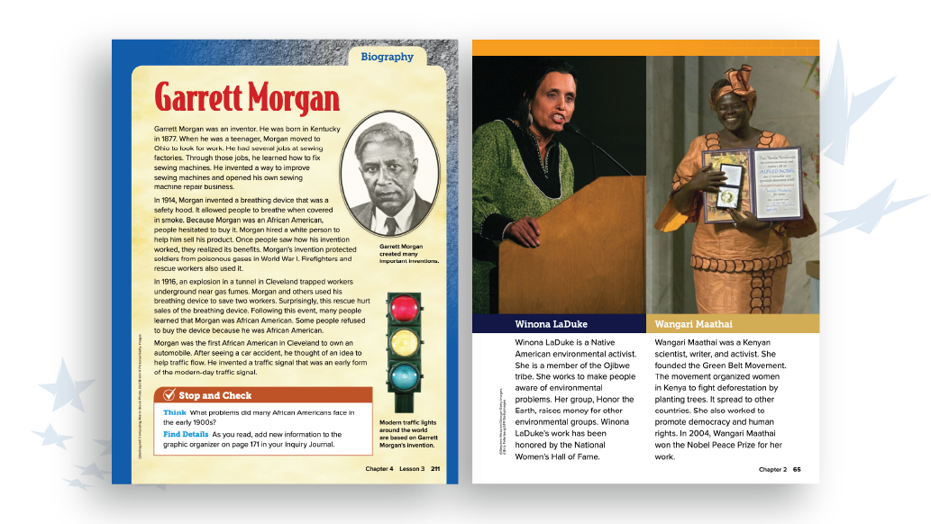 A page from a “People You Should Know” feature on Garrett Morgan with subsetsof Winona LaDuke and Wangari Maathai