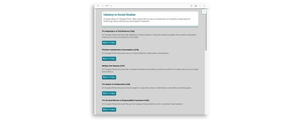 A menu with videos on teaching and reinforcing  literacy skills during social studies instruction.