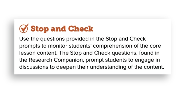 An explanation of the Stop and Check from the Teacher’s Edition.