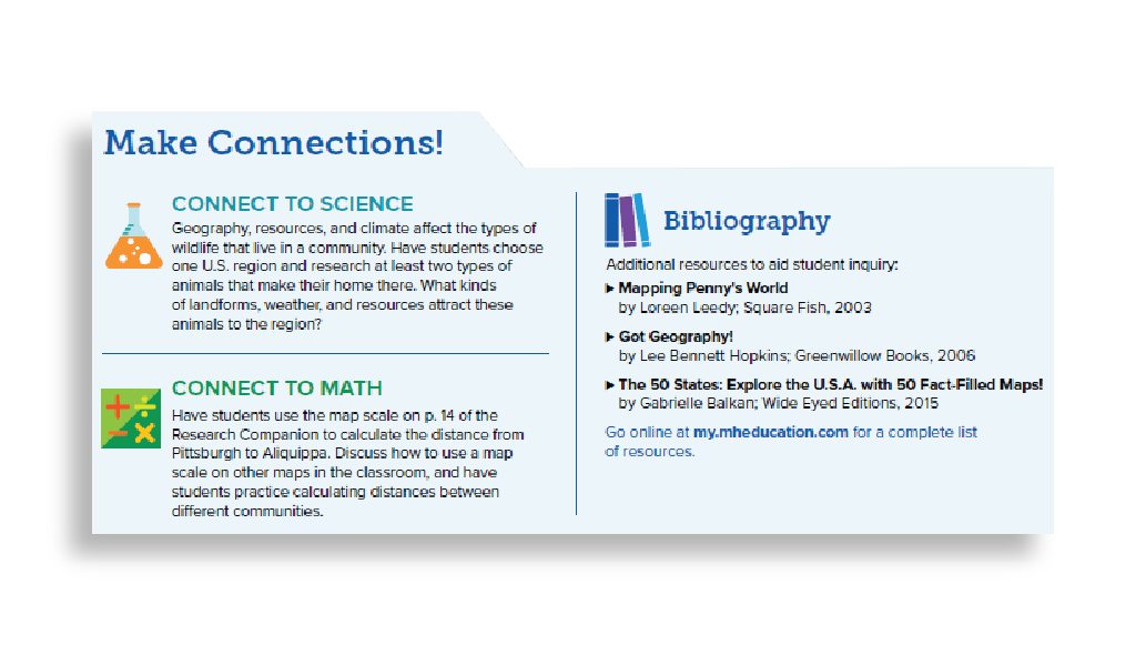 A sample of the Make Connections! feature highlighting connections to math and science. 