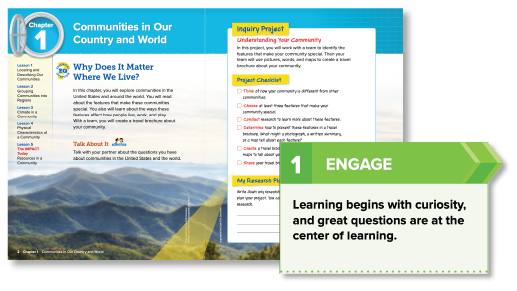 A spread from the textbook outlines the Chapter 1 Essential Question and Inquiry Project. 