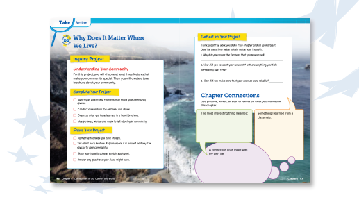 A spread from the book shows a checklist of tasks to complete,  share, and reflect on the Chapter Inquiry Project. 