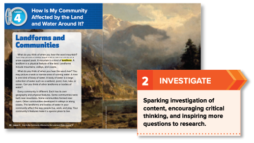 A spread from the Research Companion shows a text about landforms and communities. 