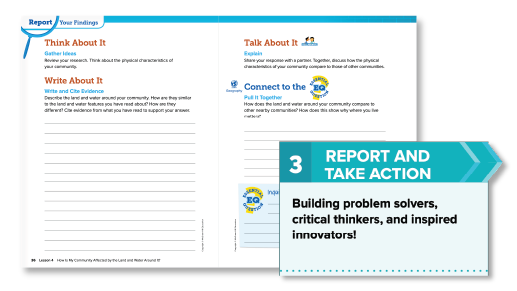 A spread from the Inquiry Journal shows a sample of student discussion and writing prompts. 