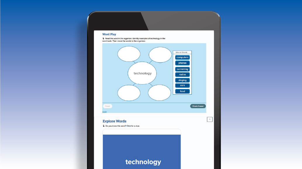 A tablet shows a sample activity on the word “Technology.” 