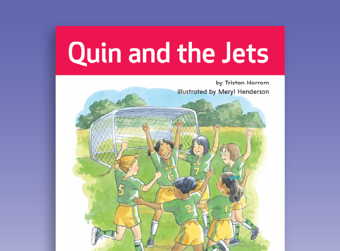 The book cover of Quin and the Jets features a celebrating soccer team.