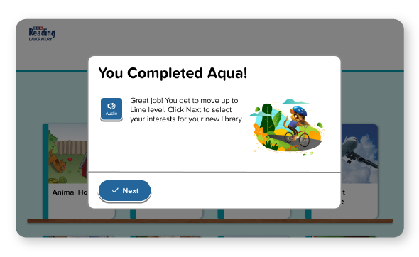 Level Up: A pop-up notification congratulates a student for completing a level.