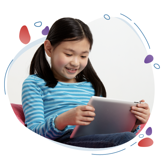 Adaptive, Personalized Reading Practice: A child smiles as she looks down at her tablet.   