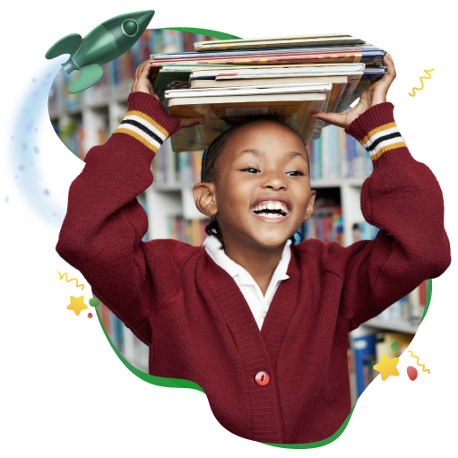 Level up: A smiling child holds books on top of their head.