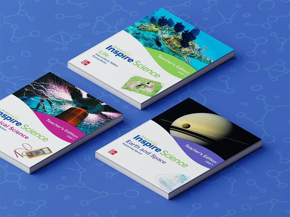 The Alabama Inspire Science 6–8 textbooks laid out on a  blue background decorated with abstract shapes.