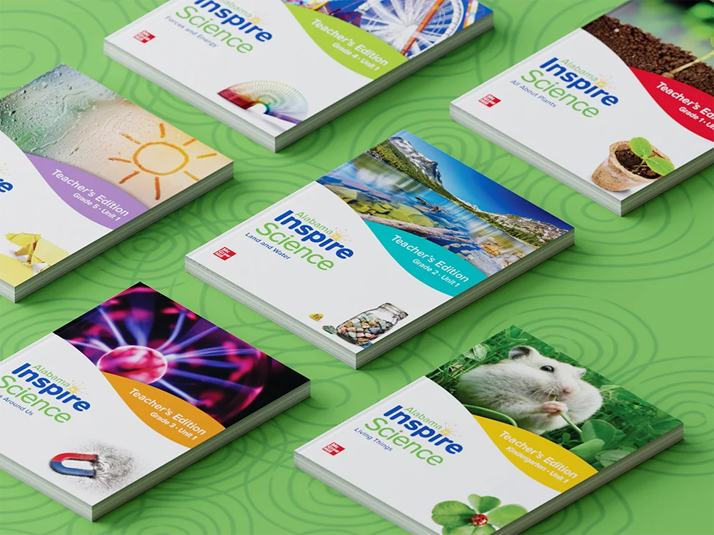 The Alabama Inspire Science K–5 textbooks laid out on a loopy green background.