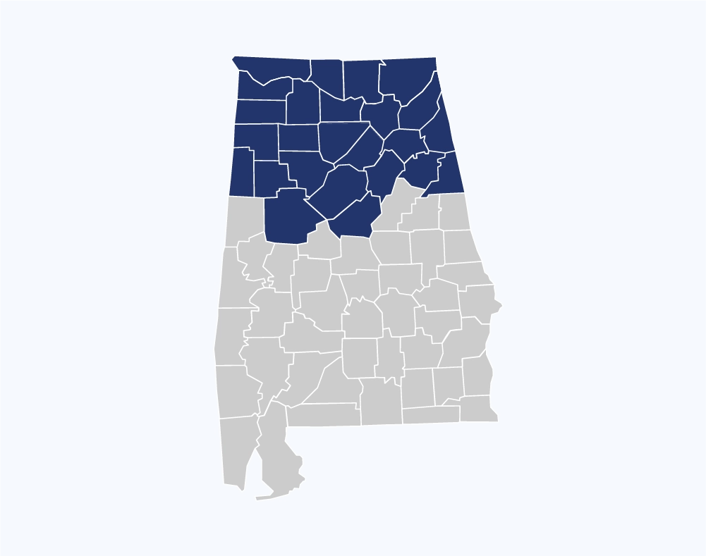 A map highlighting northern Alabama. 