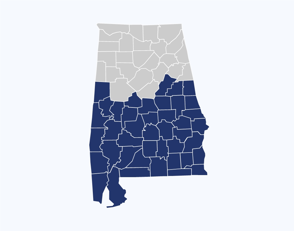 A map highlighting southern Alabama.