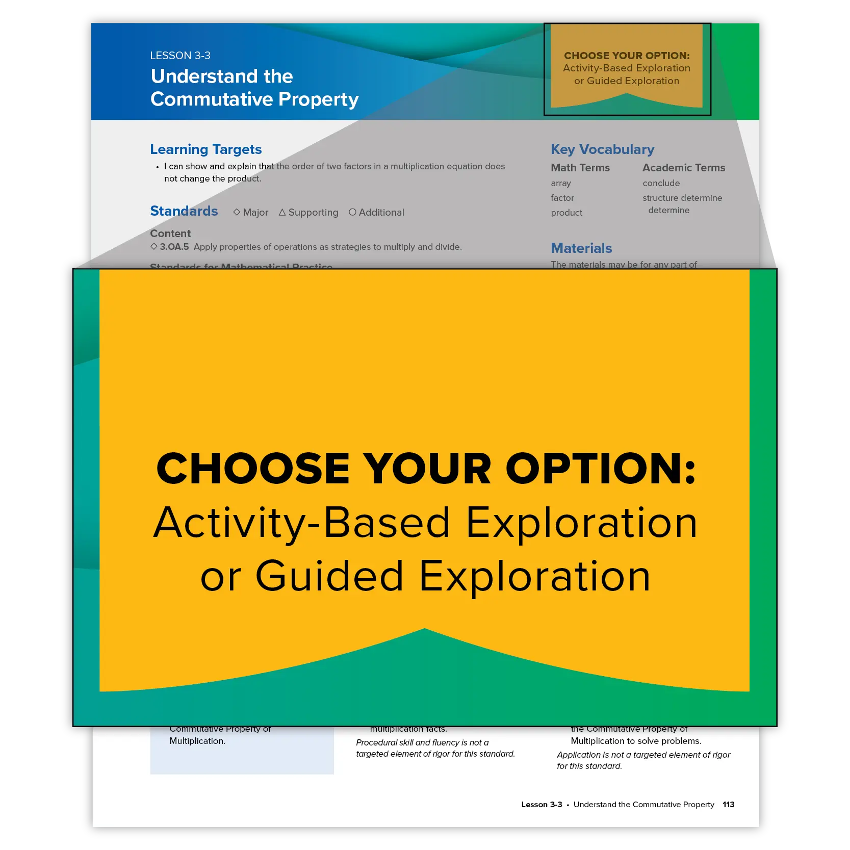 A highlighted except from the textbook says,  “CHOOSE YOUR OPTION: Activity-Based Exploration or Guided Exploration.”
