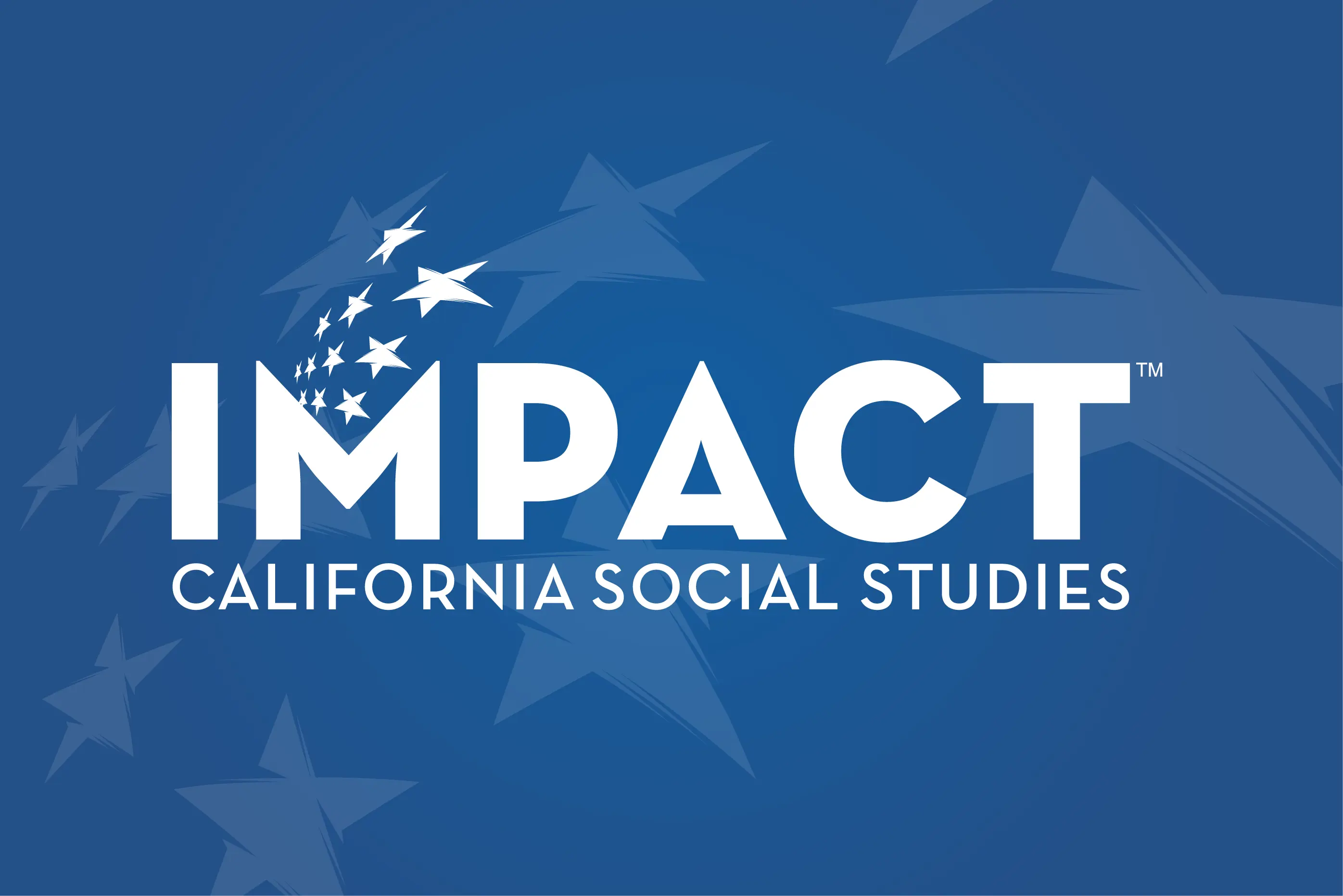 IMPACT California Social Studies Logo on a blue background that includes some star textures from the brand.