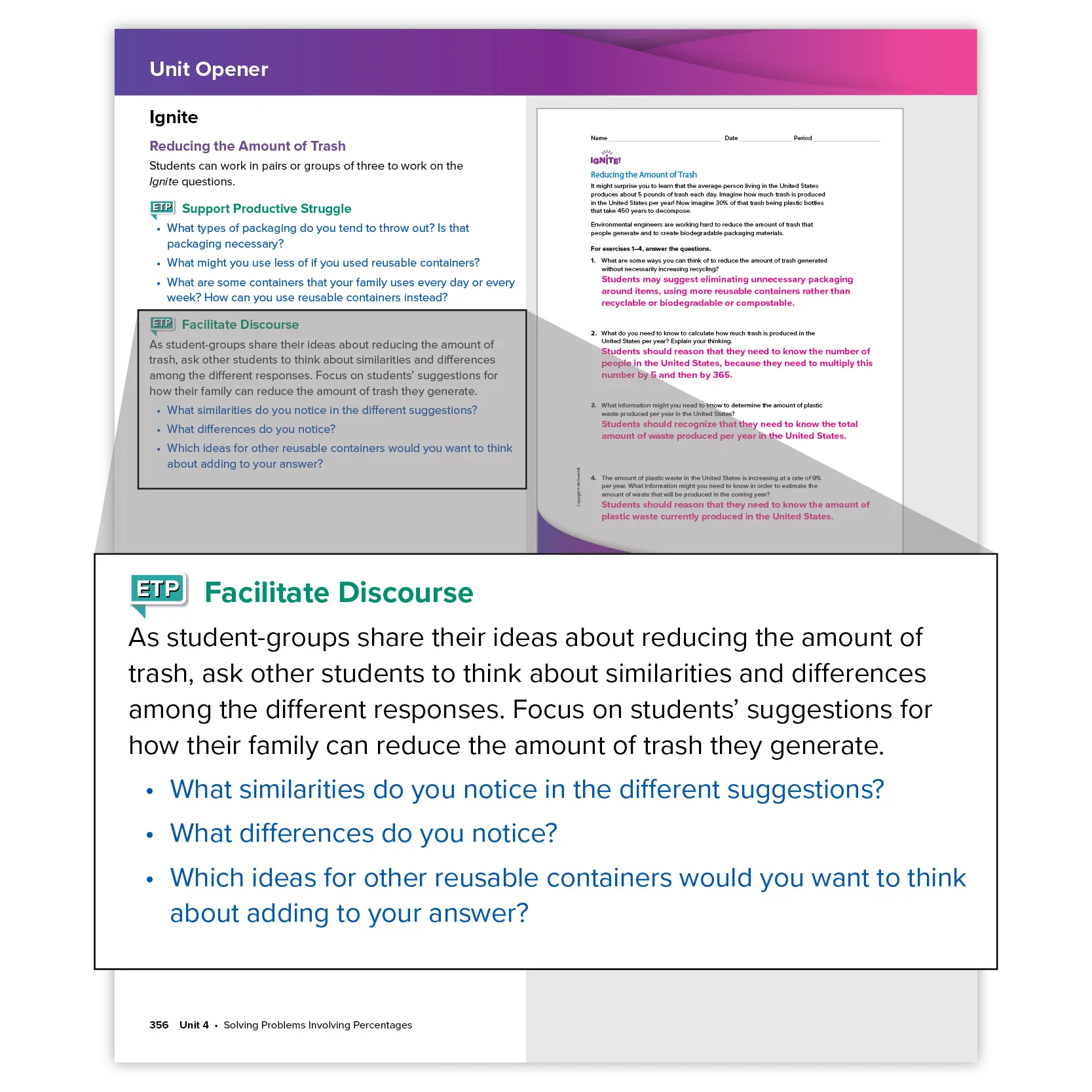 A highlighted except from the textbook lists discussion questions teachers might ask to facilitate mathematical discourse.