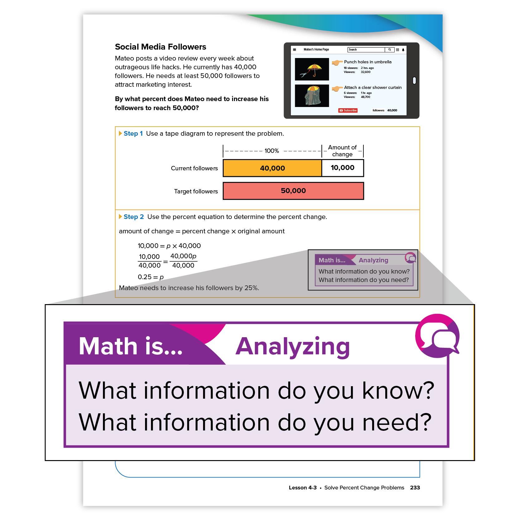 A highlighted except from the textbook features a pop-out that is labeled  “Math is… Analyzing.” It asks, “What information do you know? What information do you need?”