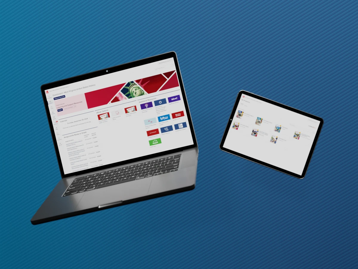 A floating laptop and tablet display the McGraw Hill Social Studies digital dashboard.