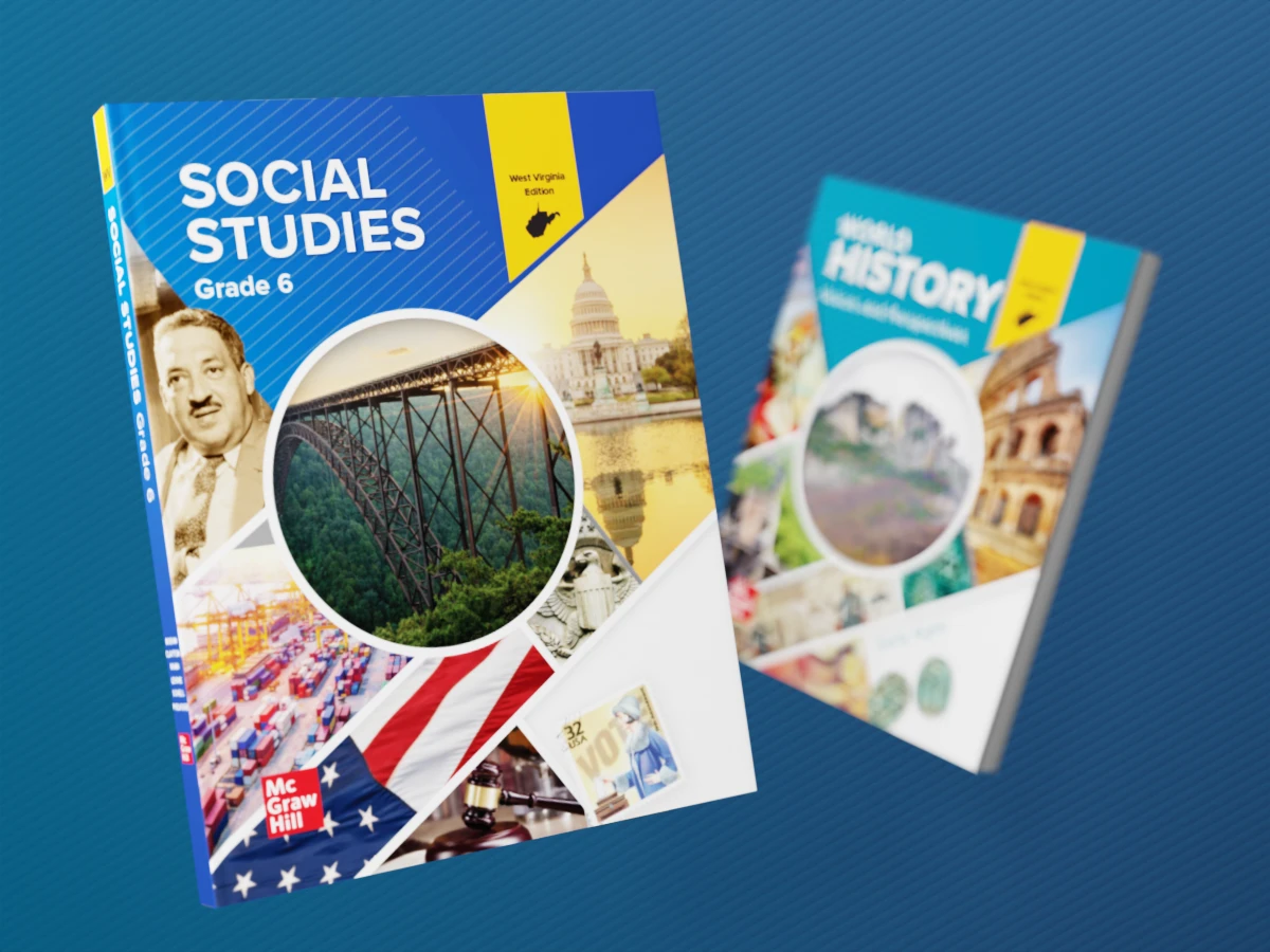 McGraw Hill Social Studies textbooks float through the air.