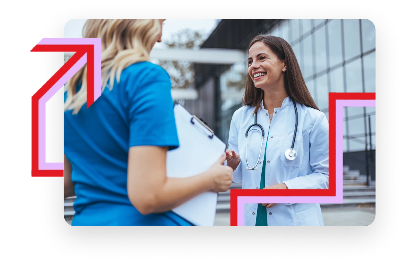 2 woman in dressed as medical professionals chatting