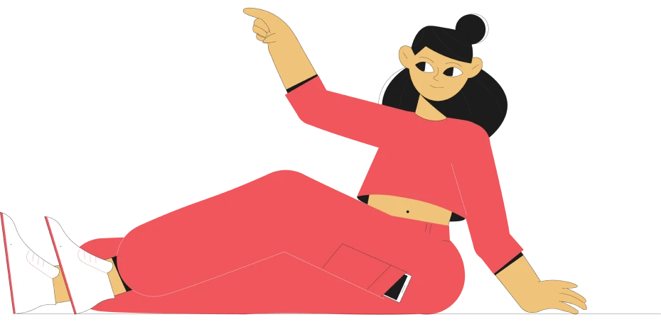 An illustrated woman seated on the ground wearing a bun, in a pink top and pink shorts with a camera around her neck pointing to her right