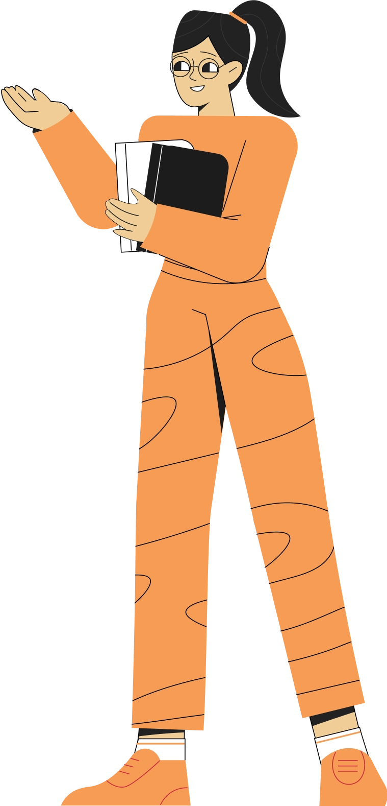 Illustration of a woman with glasses, wearing an orange outfit with abstract patterns. She holds a notebook or book in one arm and gestures with the other hand. Her dark hair is tied back in a ponytail, and she is wearing matching orange sneakers.